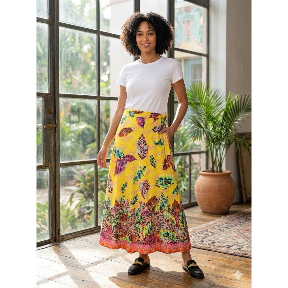 Sigal bright yellow wrap maxi skirt tropical leaf print All Sizes